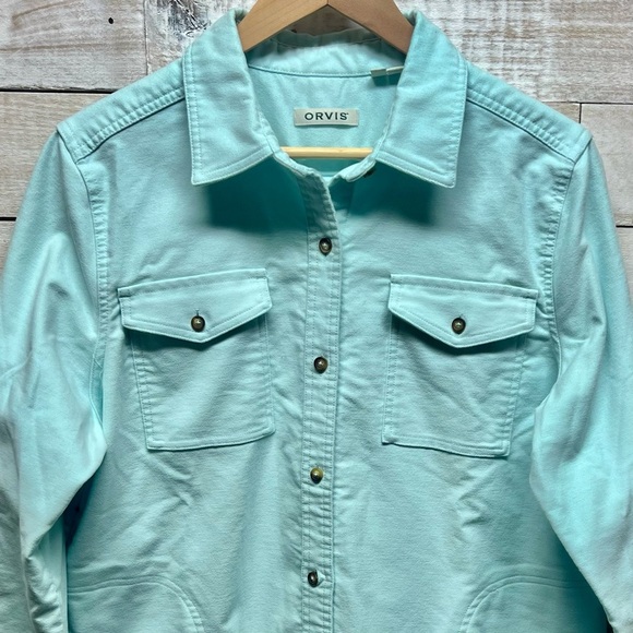 Orvis Denim Jacket Womens Large Aqua Blue Button Down‎ Pockets Collared - Picture 2 of 12